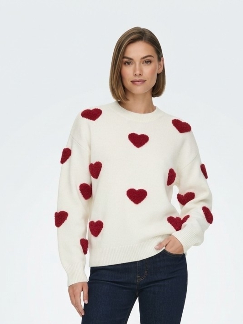 White Sweater with Red Heart Motif - Size L Women's Crewneck Sweater